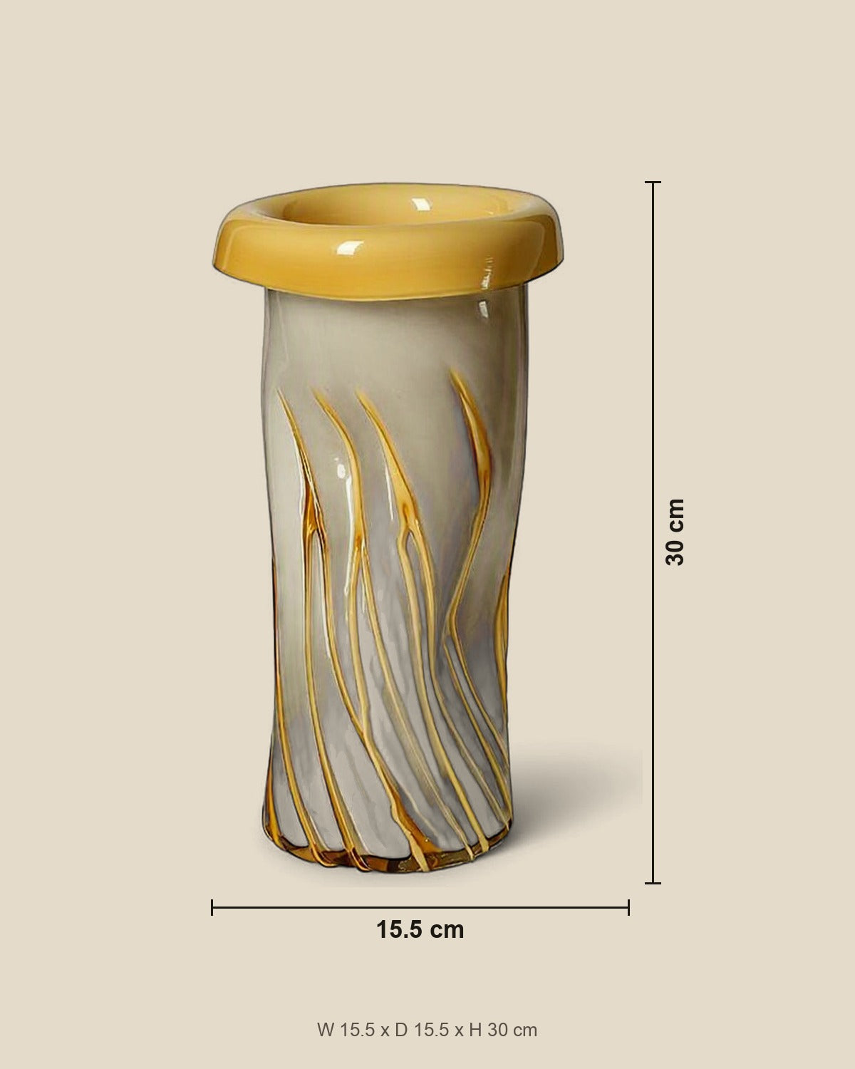 Curled Mouth Yellow-Striped Vase shown for scale