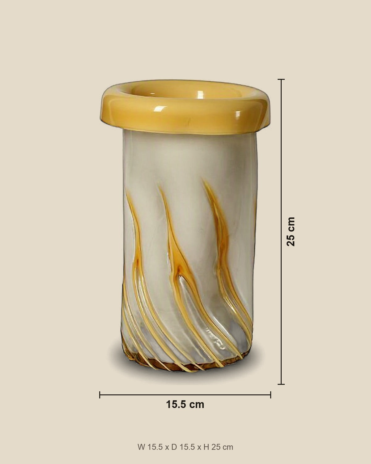 Curled Mouth Yellow-Striped Vase shown for scale