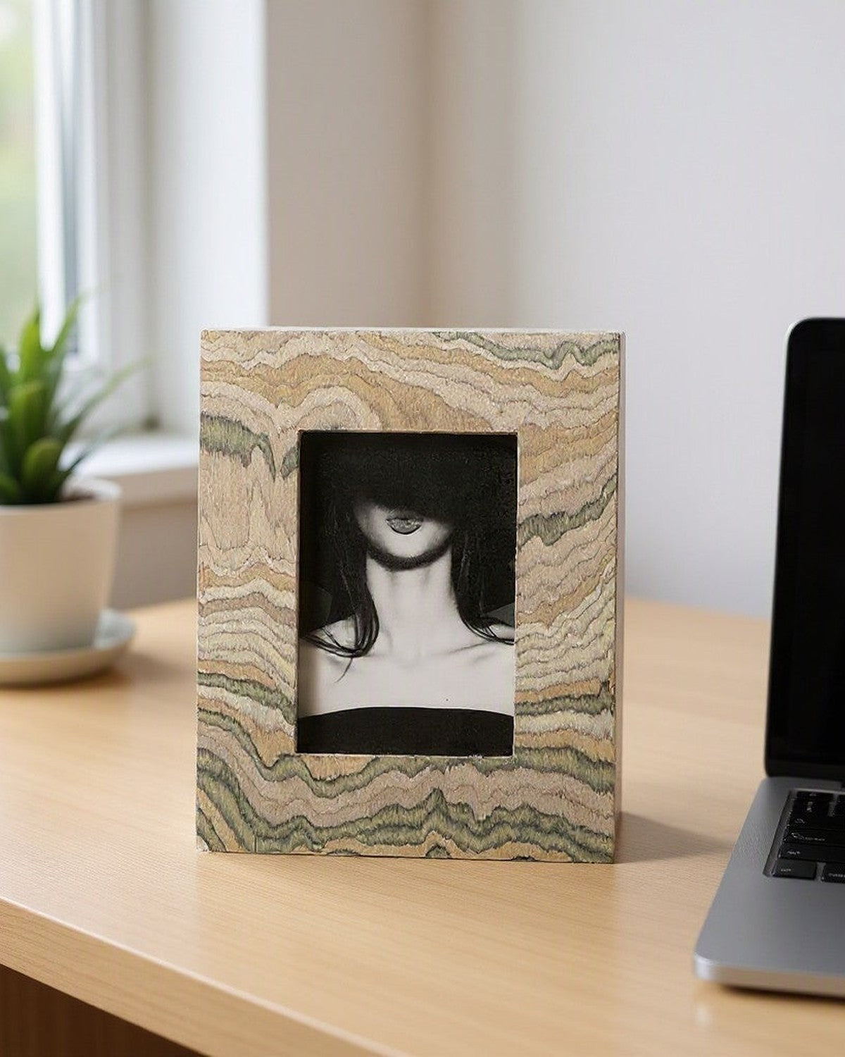 Mountain Veneer Photo Frame on a desk