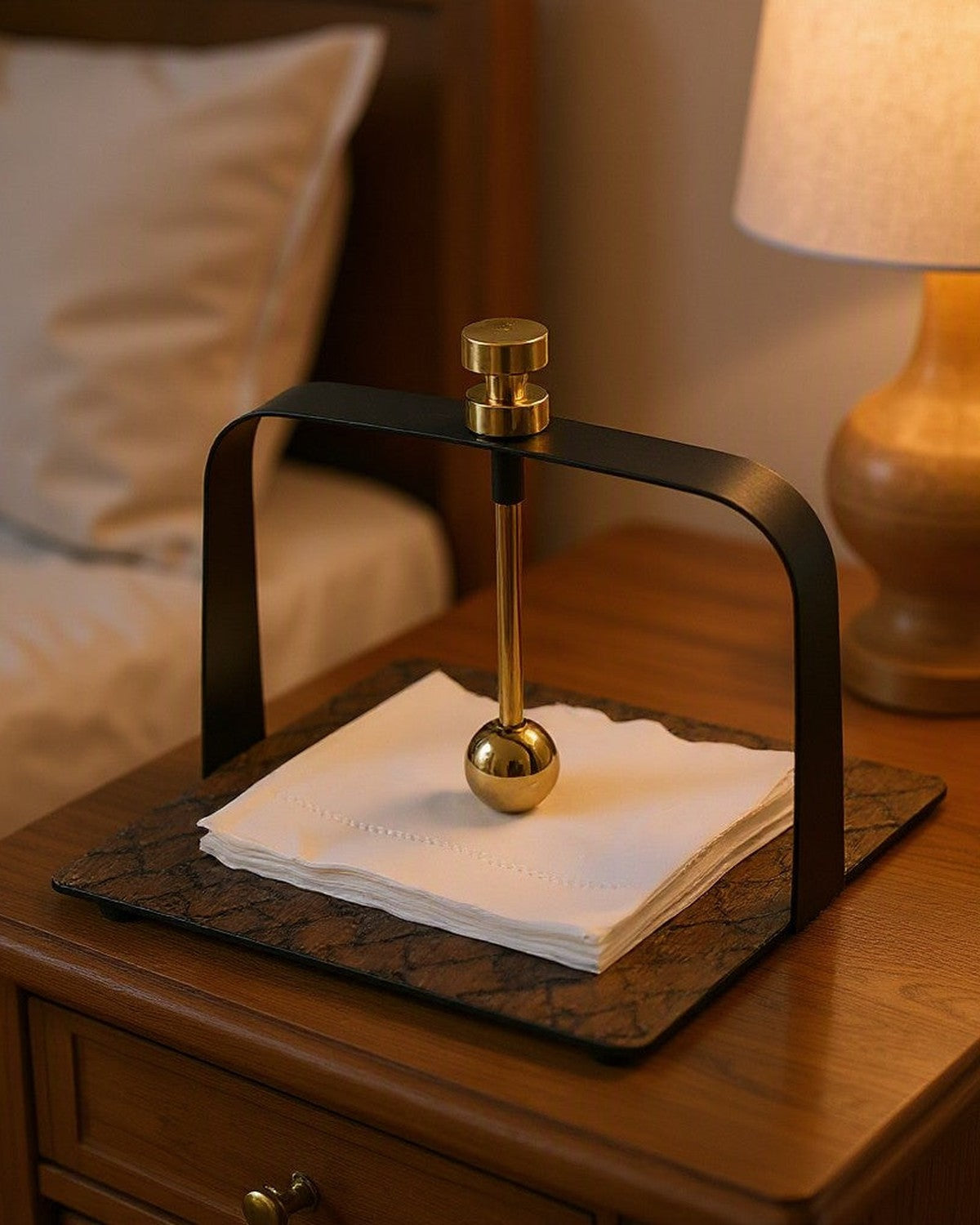 Wood Veneer Tissue Holder styled in a bedroom