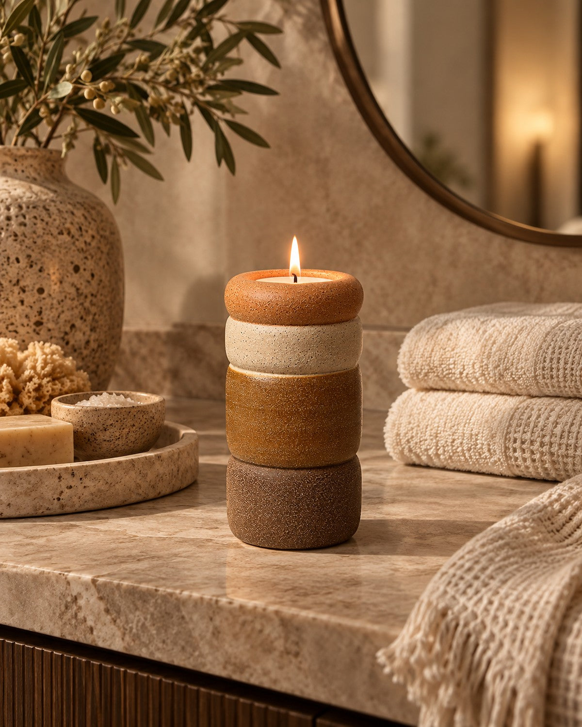 next to towels and decorative accents