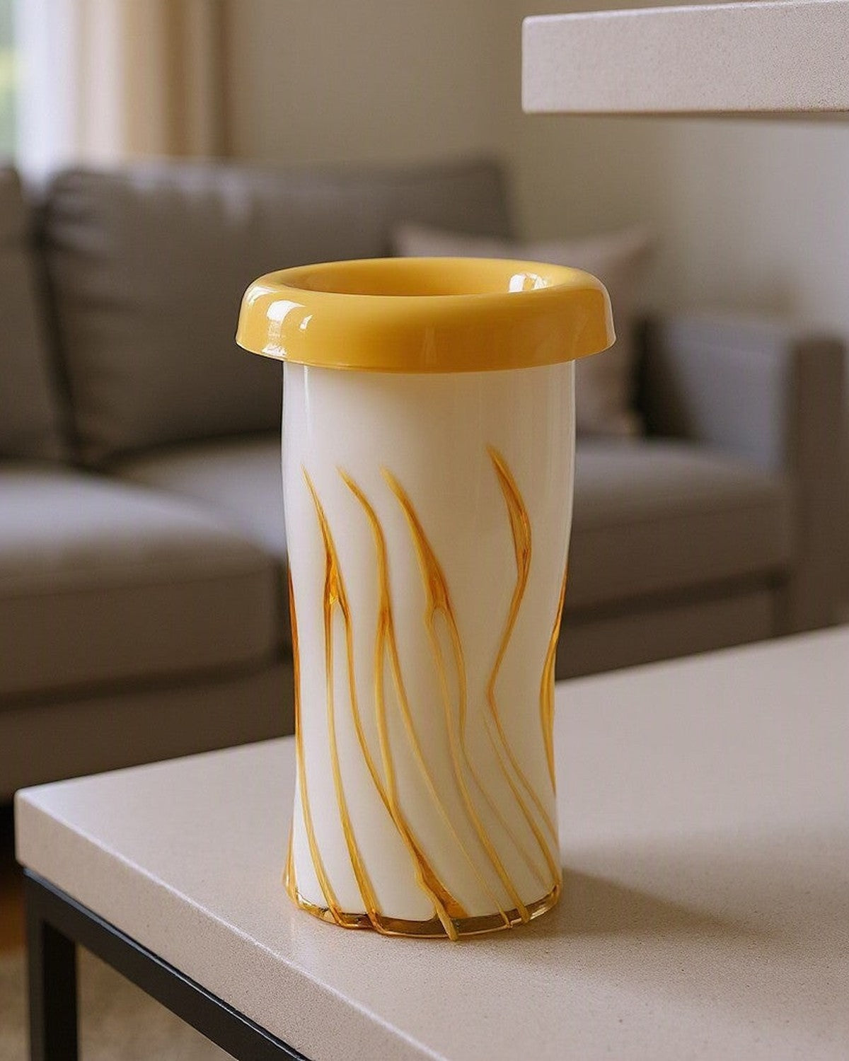 Curled Mouth Yellow-Striped Vase styled in a living room