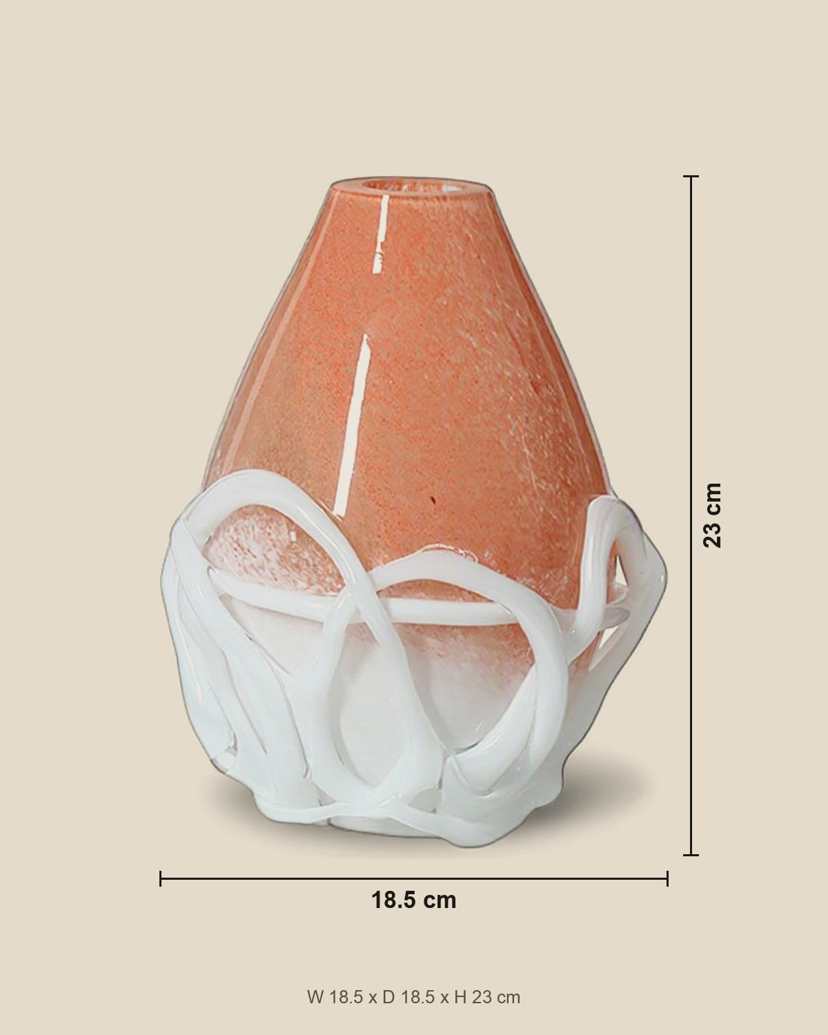 White & Orange Veined Glass Vase shown for scale