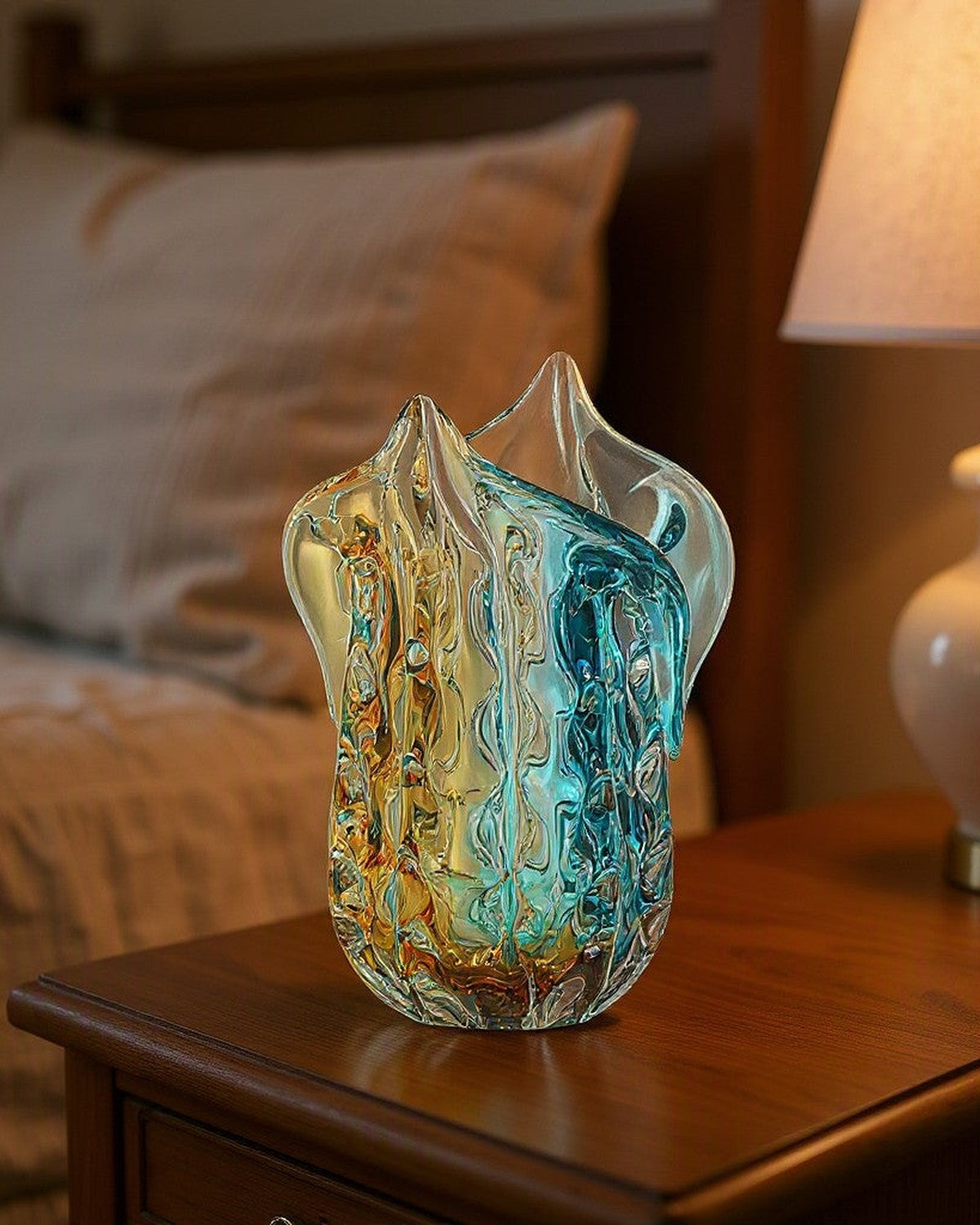 Concave Petal Glass Vase styled in a bedroom