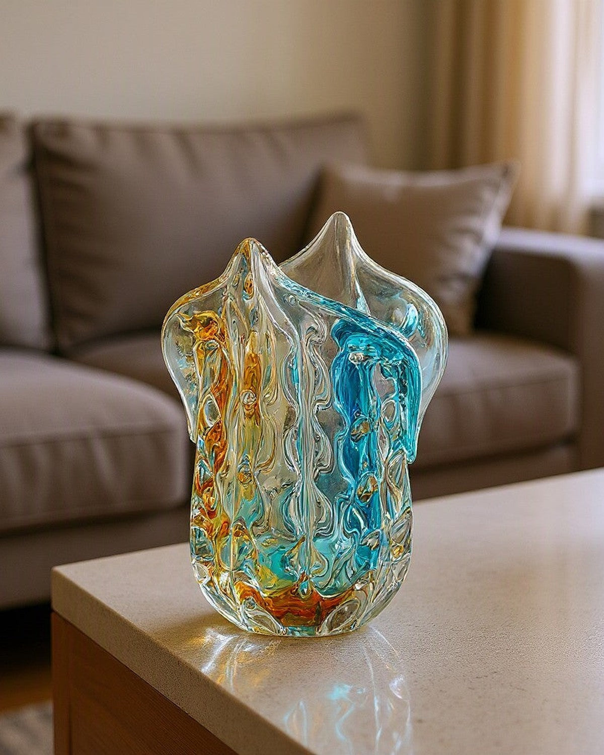 Concave Petal Glass Vase styled in a living room