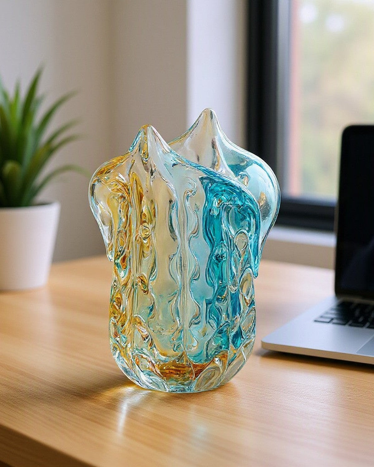Concave Petal Glass Vase on a desk