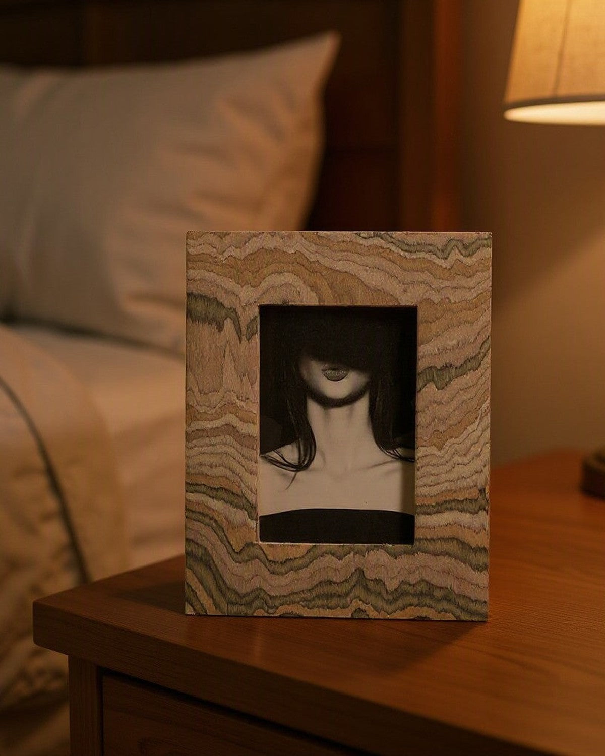 Mountain Veneer Photo Frame styled in a bedroom