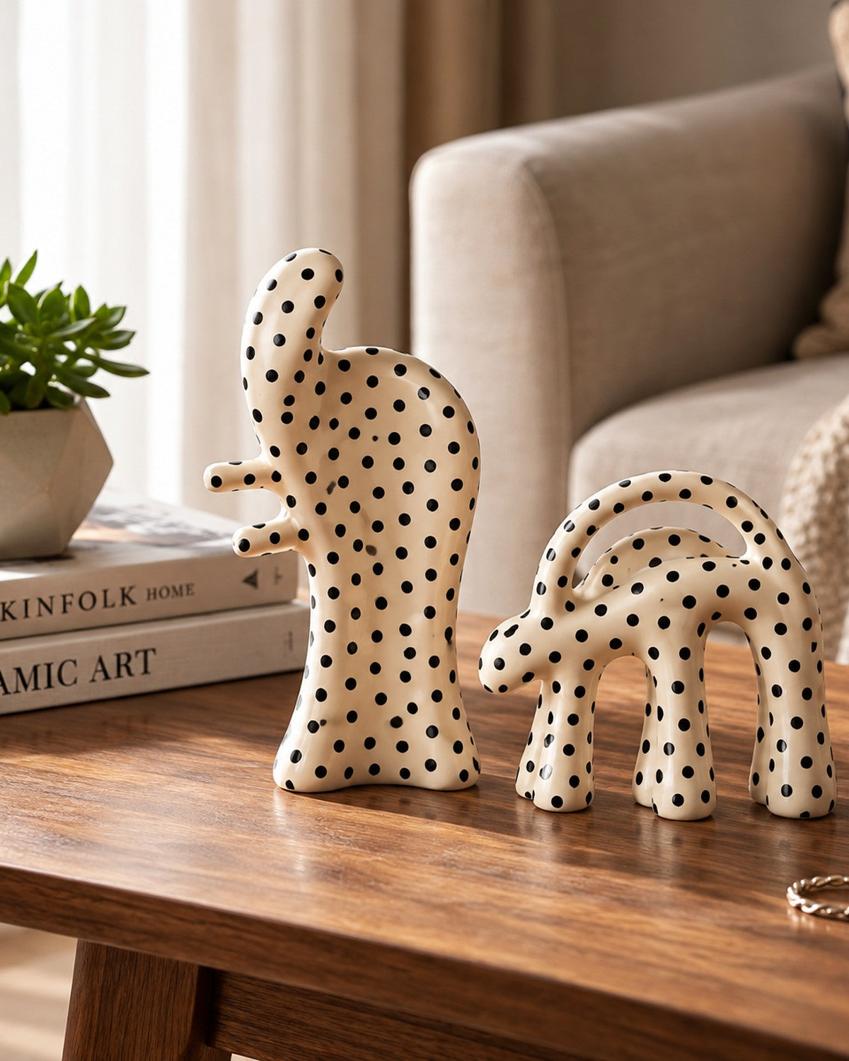 dots sit on a wooden table