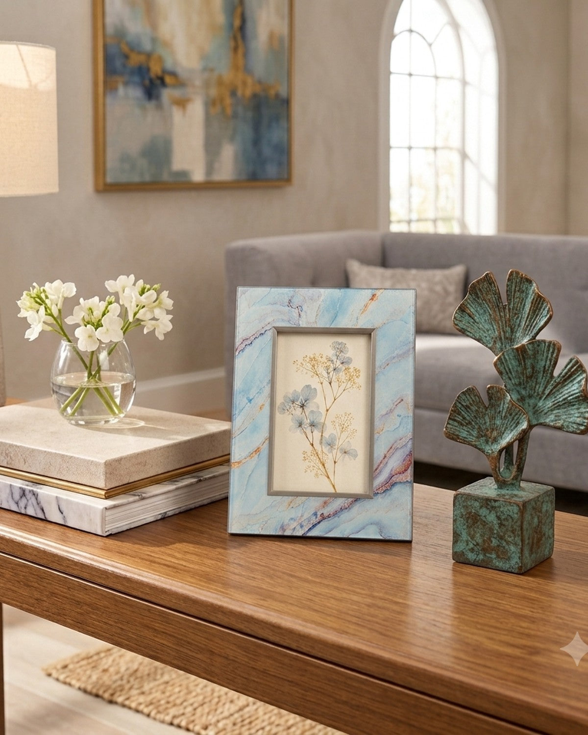 In a living room: A blue marbled photo frame displaying dried flowers on a wooden table