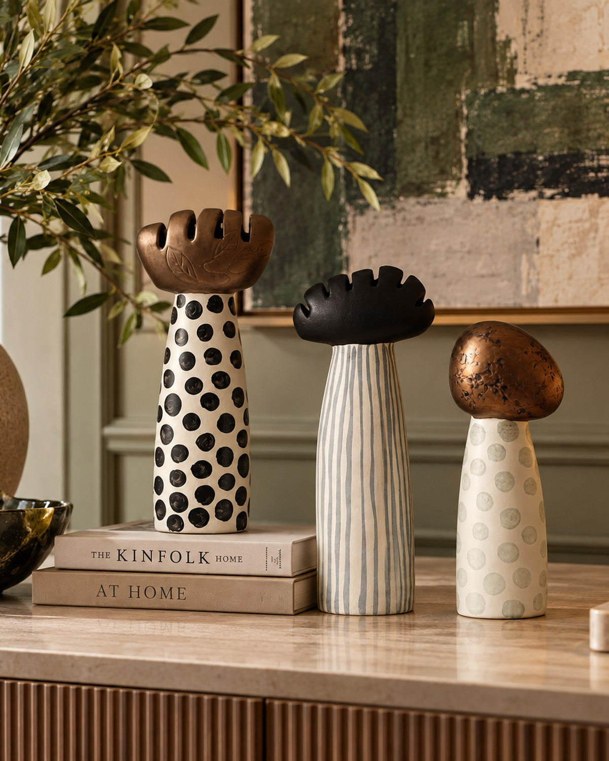 and white with dots, sit on a shelf