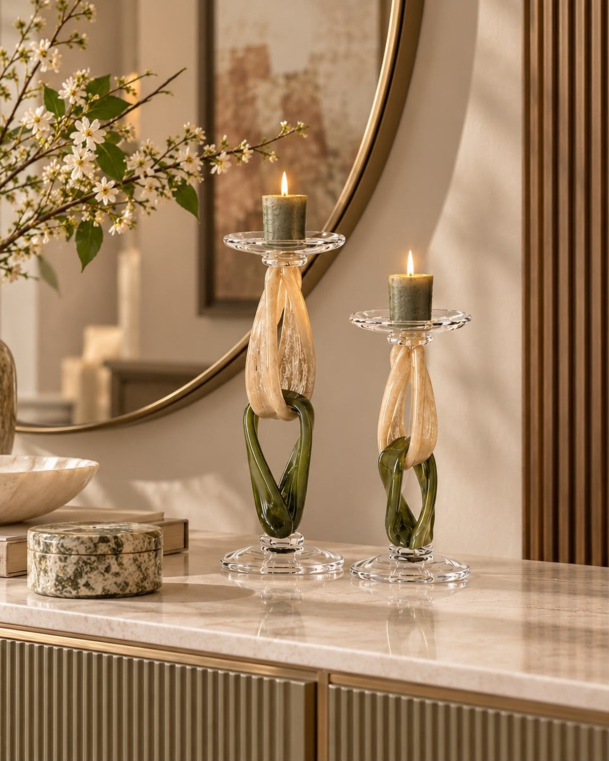 candles, near a marble surface