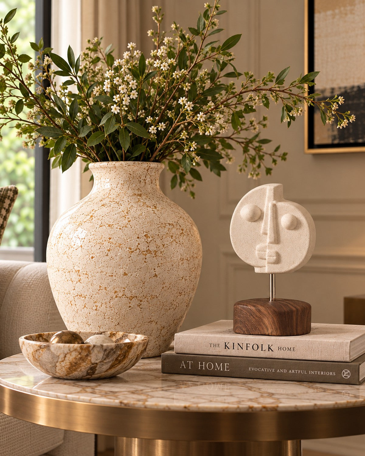 table with a vase and bowl
