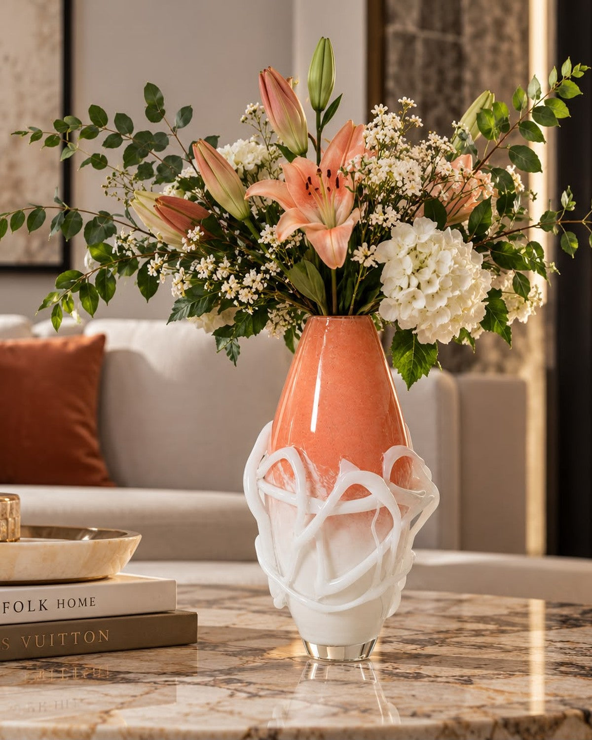 White & Orange Veined Glass Vase, photo 4