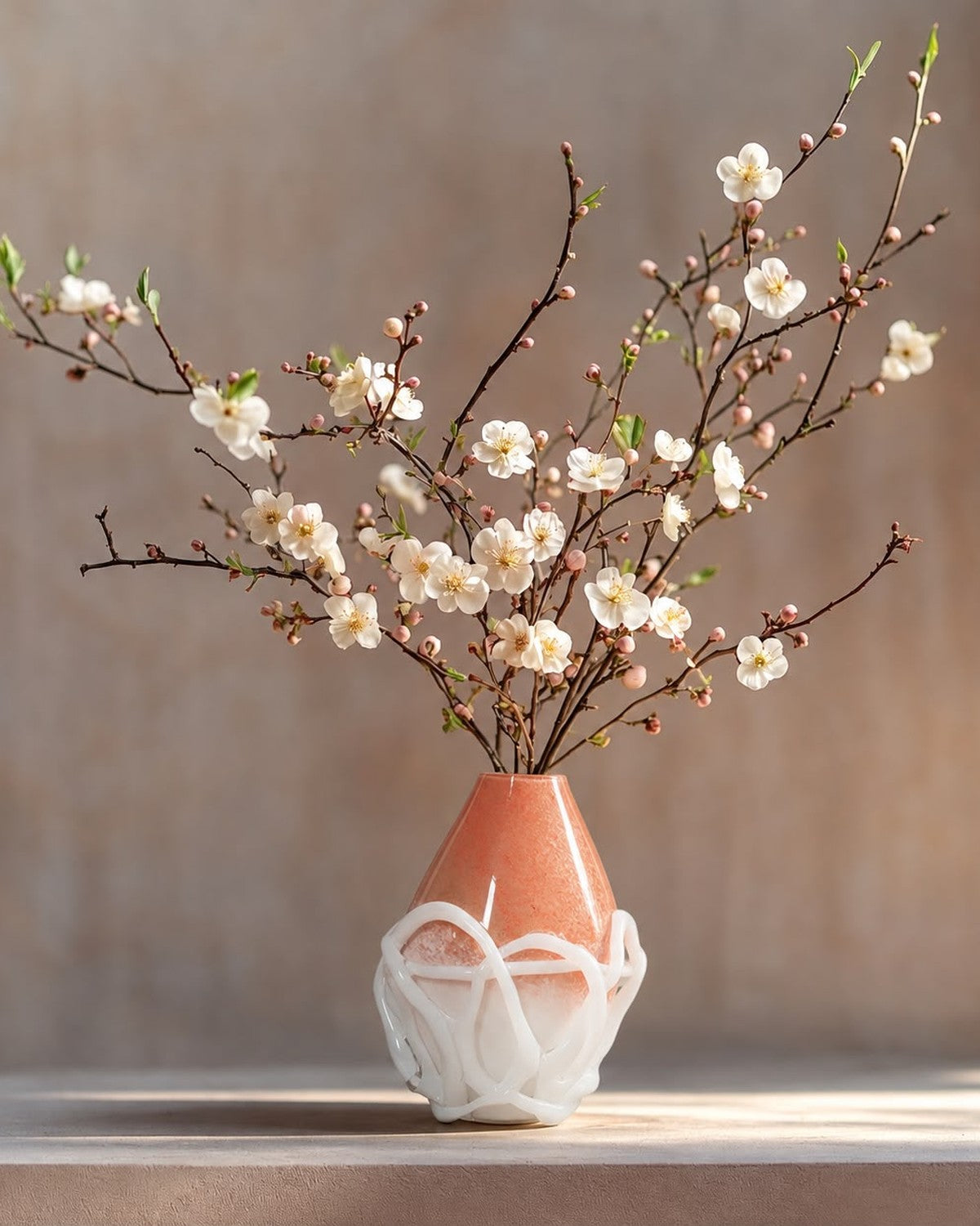 On a plain background: Orange vase with white veined base holds flowering white branches